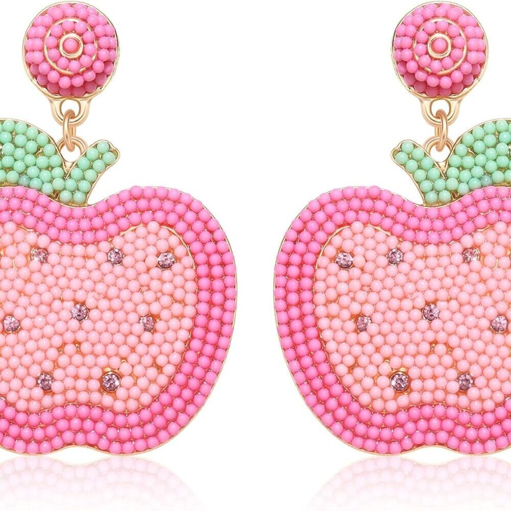 Handmade Teacher Dangle Earrings - Colorful Apple & Pencil Design - Gift Idea